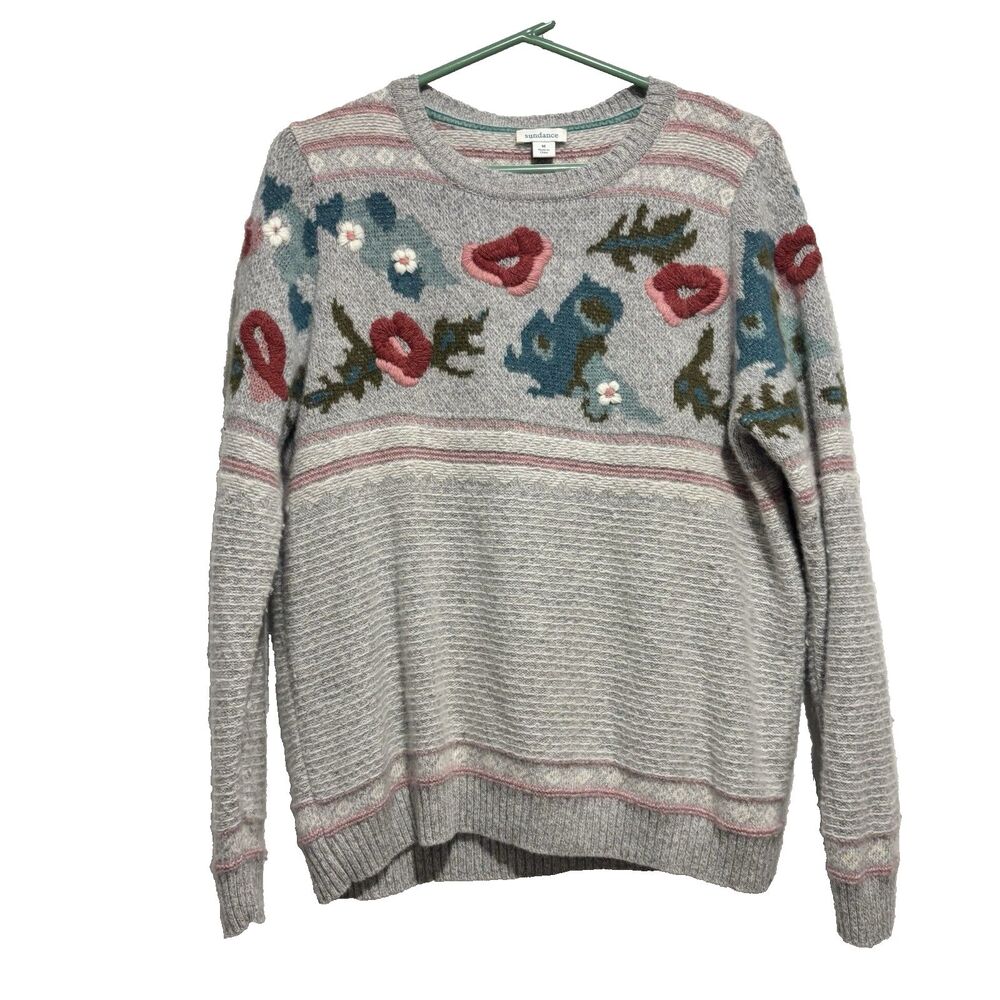 Sundance Bold Botanic Wool Sweater Embroidered Floral Gray‎ Pink Women's Medium